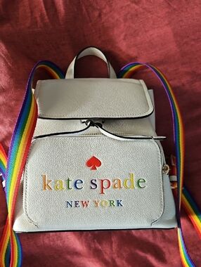 SPECIAL *** kate spade White Leather Mini Backpack with Rainbow Logo and Straps